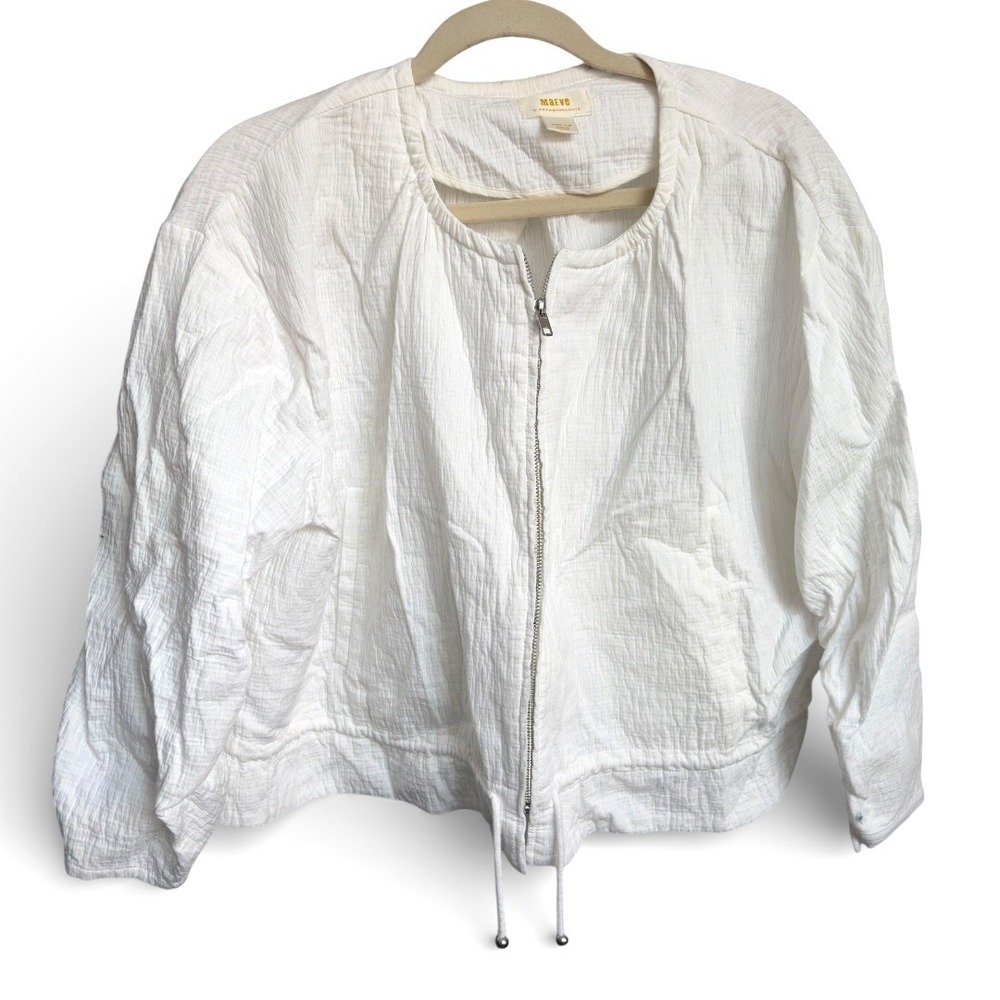 Anthropologie Maeve White Gauze Zip Up Bomber Jacket Drawstring Medium